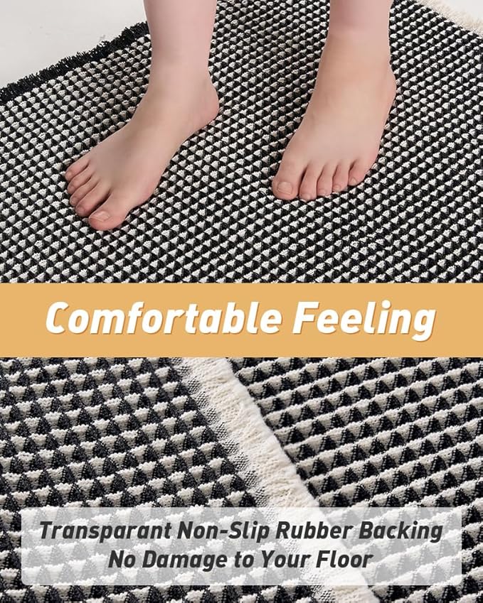 AMOAMI Upgraded Waffle Bath Mat, Super Absorbent Non Slip Bath Mats for Bathroom Floor, Machine Washable Bathroom Rugs with Tassels, Rubber Backed Bathroom Mats, Ultra Soft, 24" x 36",Black & Cream