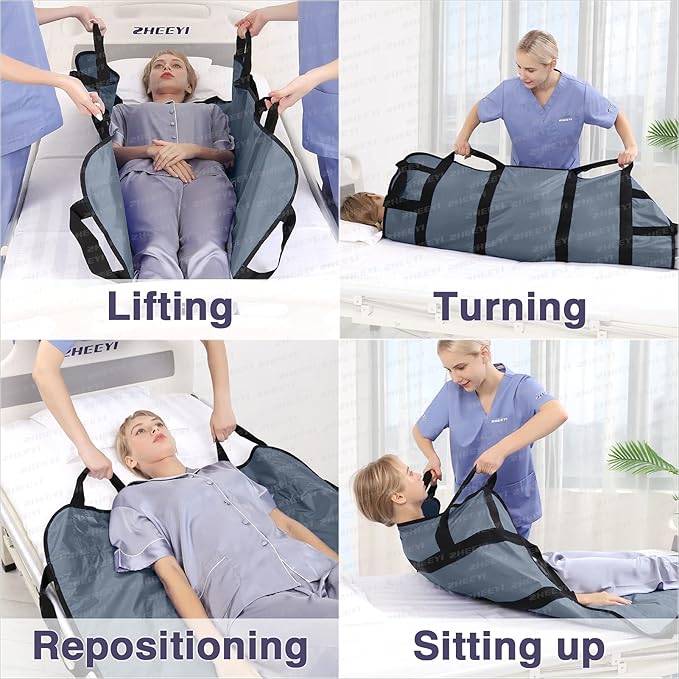 Positioning Bed Pad with Reinforced Handles 43" x 36" Patient Transfer Sheet Aid Assistant for Body Lifting, Turning, Repositioning, for Elderly, Incontinence, Caregiver, Gray