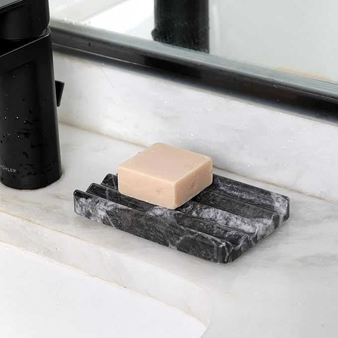 Marble Soap Dish, Bar Soap Holder Shower, Black Soaps Bathroom Saver with Water Ripple Design, Easy Cleaning Natural Stone Sponge Holder for Kitchen Sink, Executive Jewelry Ring Tray