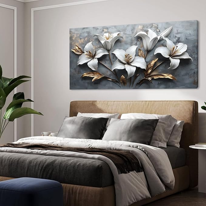 White Flowers Wall Art for Living Room Canvas Painting Prints Beautiful Floral Gold Leaves Gray Modern Artwork Office Bedroom Girls Decor Extra Large