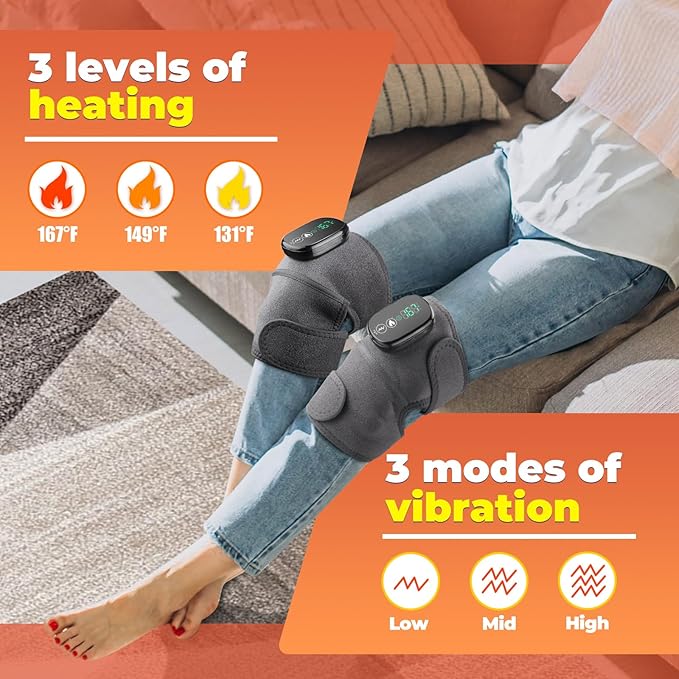 YUANBO Cordless Knee Massager with Heat, 3-in-1 Heated Knee Massager for Knee Elbow Shoulder Wrap with 3 Vibration & Heating Modes (2 PACK)