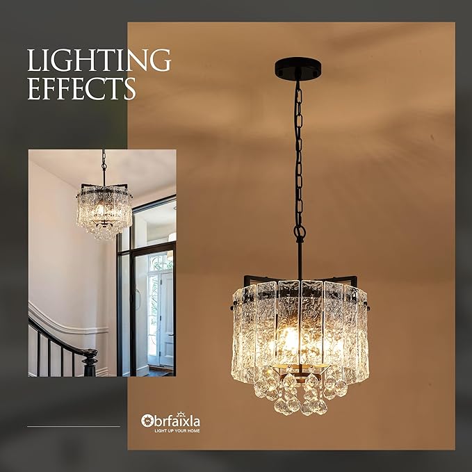 13.4" Small 4-Light Modern Glass Chandelier Light Fixtures Mini Black 2-Tier Crystal Chandeliers for Dining Room Round Hanging Ceiling Pendant Lighting for Kitchen Island Entryway Hallway
