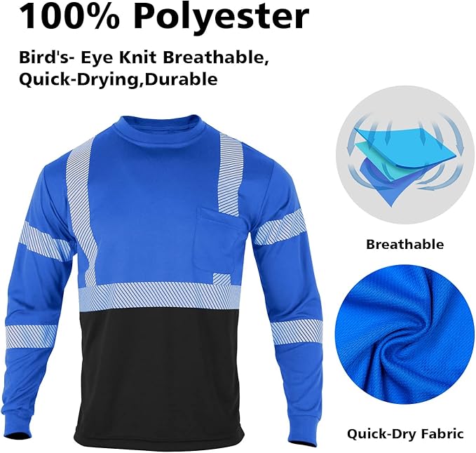 VENDACE 3pcs Safety T Shirts Reflective High Visibility Hi Vis Long Sleeve Construction Work Shirts for Men Class 3