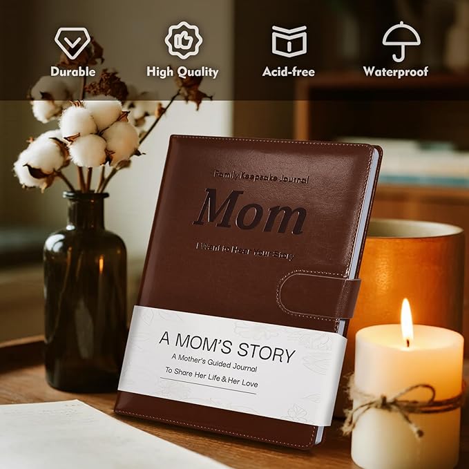 Artmag Mom's Life Story Journal with 250+ Prompt Questions, Family Keepsake Book Leather Cover for Mom to Share Her Memories for Birthday Mother's Day Christmas (Brown)