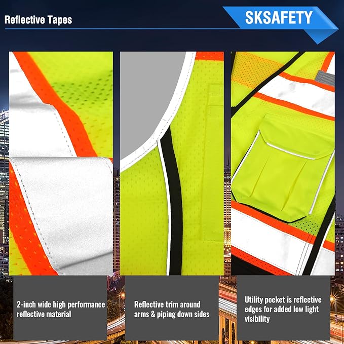 SKSAFETY 10 Pocket Hi Vis Safety Vest, Class 2 High Visibility with Zipper, Reflective Strips (Lime Black, 5XL)