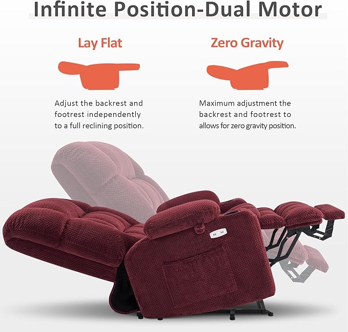 MCombo Oversized Power Lift Recliner Chair for Elderly, Dual Motor Lift Chair with Heat and Massage, Lay Flat Lift Chair for Big and Tall, Cup Holders, Fabric R7891 (Oversize, Burgundy)