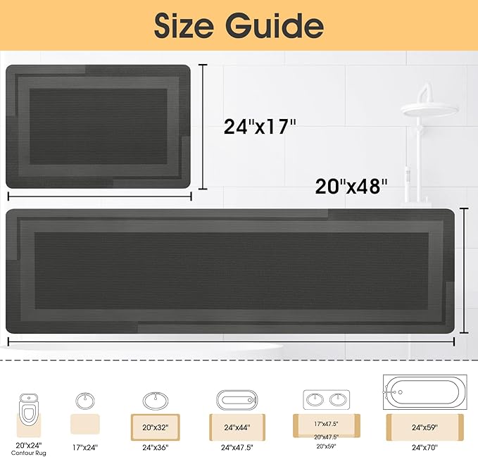 Ultra Thin Bath Mat, Upgrade Backing Non Slip Thin Bath Mats Fit Under Door, Quick Dry Ultra Absorbent Bathroom Rugs, Machine Washable Bath Rugs for Bathroom, Bathtub, Grey/Bordered/24"x17"+48"x20"
