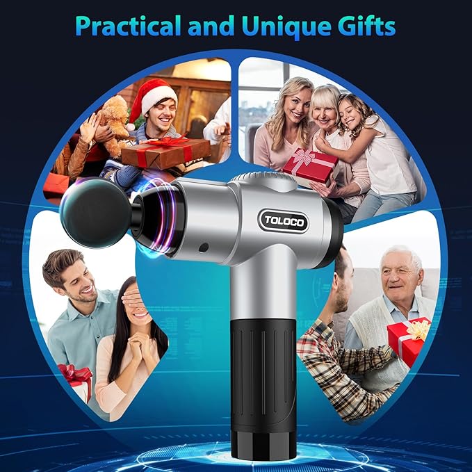 TOLOCO Massage Gun, Muscle Massage Gun Deep Tissue for Athletes with 10 Massage Heads, Electric Percussion Massager for Any Pain Relief, Christmas Gifts for Women, Men, Silver