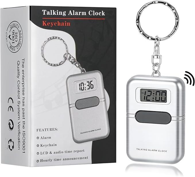 Talking Clock for The Blind and Visually Impaired - Easy-Use Talking Alarm Clock for Blind Elderly with Voice Announcement, LCD Display, Keychain & Portable Design