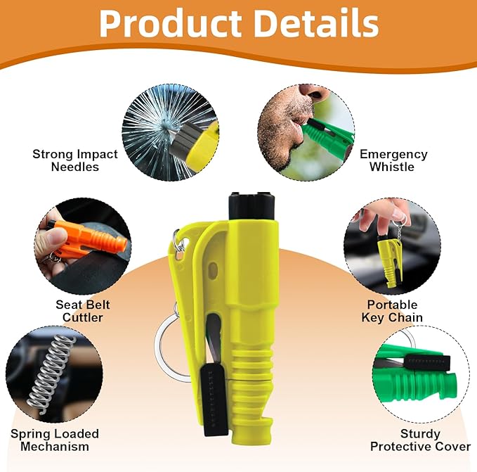 16Pcs Car Window Breaker Key Chains, Portable 3 in 1 Glass Breaker/Seat Belt Cutter/Survival Whistle, Safety Emergency Escape Tools, Multifunctional Car Accessories for All Vehicles