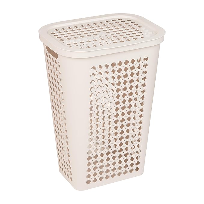 Mind Reader Slim Tapered Laundry Hamper with Lid, Clothes Basket with Swiss Cross Cut-Outs, Lightweight & Ventilated, Plastic, 16.75"L x 12.75"W x 23"H, Ivory