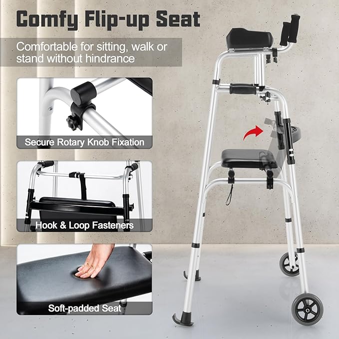 Folding Walkers for Seniors, Upright Walker with Seat, Removable Arm Support & 5" Wheels, Height Adjustable Platform Walker Mobility Aid for Elderly