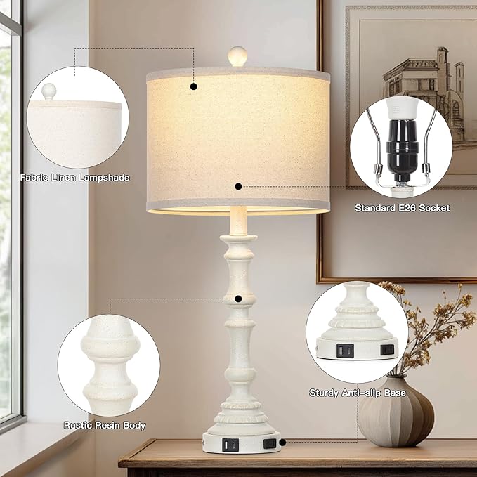 27.5" White Tall Lamp for Living Room, Vintage Farmhouse Table Lamps Set of 2 with USB C+A Ports & AC Outlet, 3-Way Touch Control Bedside Lamps, Rustic Bedroom Lamp for Nightstand Side Table
