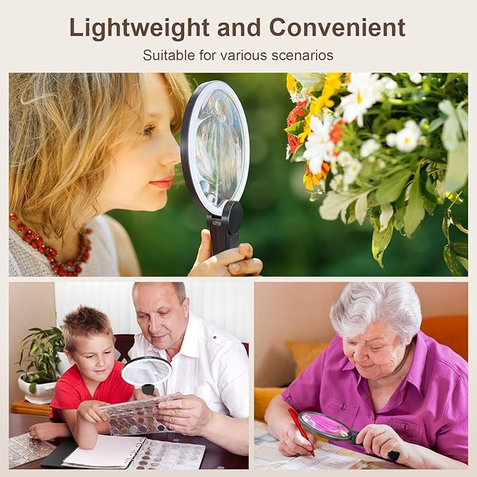IMICHI Large 5.12" Handheld Magnifying Glass 10X/20X Lens with Eye-Care Anti-Flicker LEDs – 3 Adjustable Light Modes, Rechargeable – Perfect for Seniors, Low Vision, Reading, Crafts, Jewelry Repair