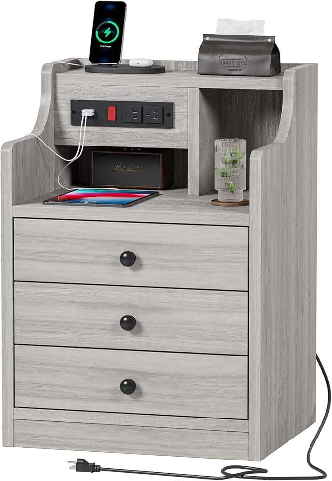 ADORNEVE Nightstand Set 2,Gray Nightstand with Charging Station & Hutch,Night Stands for Bedrooms Set of 2,Bedside Table with Drawers