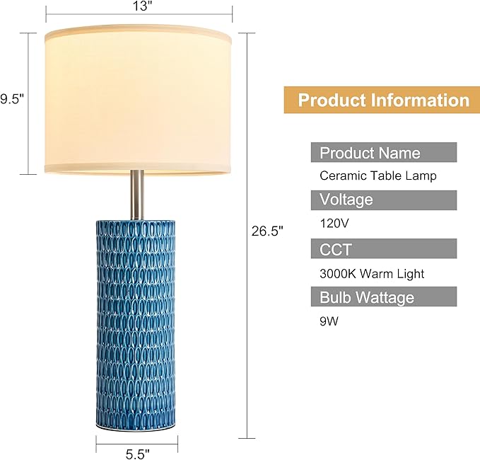26.5" Ceramic Table Lamp, Table Lamp for Living Room, Blue Lamp for Bedroom, Night Stand Lamps, Modern Bedside Lamp Set of 2, End Table Lamps,Blue