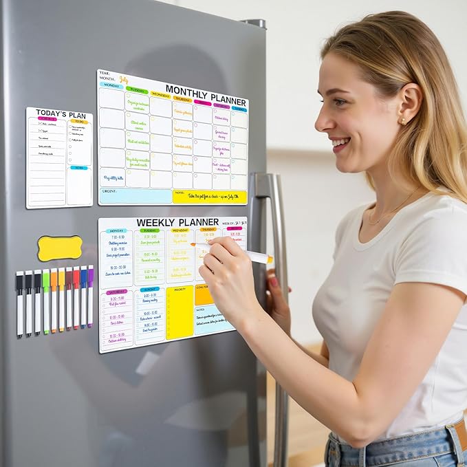 M&G Magnetic Dry Erase Calendar Set for Fridge, 3 Pack Planning Whiteboard with 10 Markers and Eraser, Monthly & Weekly & Daily Chore Chart for Refrigerator Wall Door
