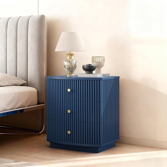 Grooved Wood End Table with 6 Drawers, Curved Edge Storage Side Table, Six Drawer Nightstand Compact Sofa Bedside Table for Bedroom, Living Room and Small Spaces, Blue X2