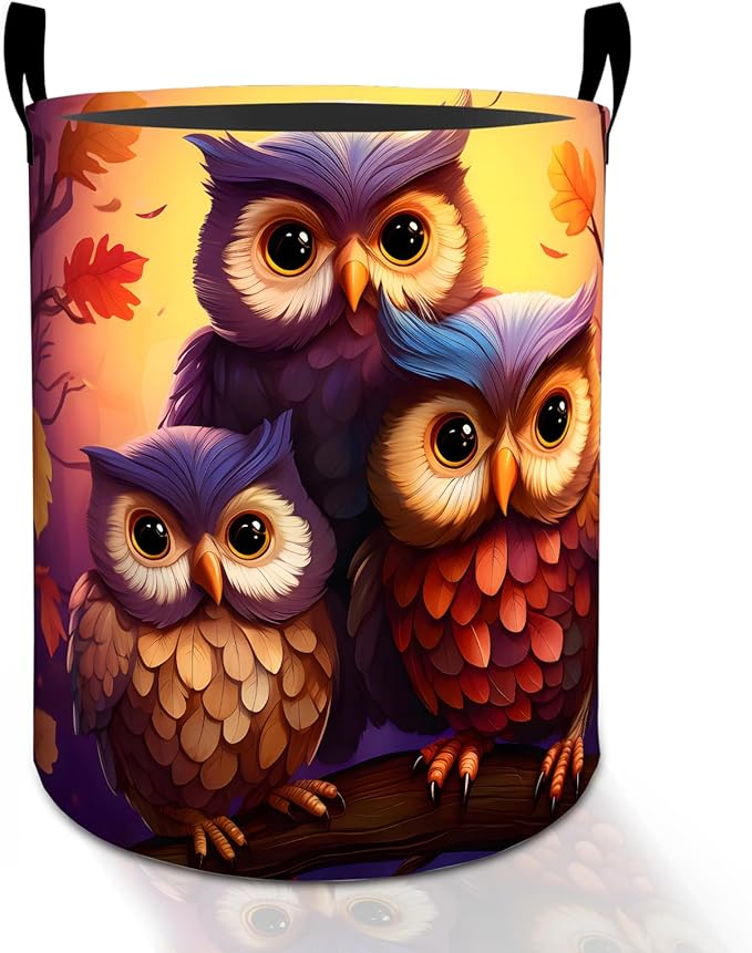 Cute Owl Laundry Basket Hamper for Boys Girls Kids Adults, Foldable Waterproof Oxford Clothes Storage Bin, Forest Animal Organizer for Bedroom Bathroom Room Decor 19.7"x15.8"