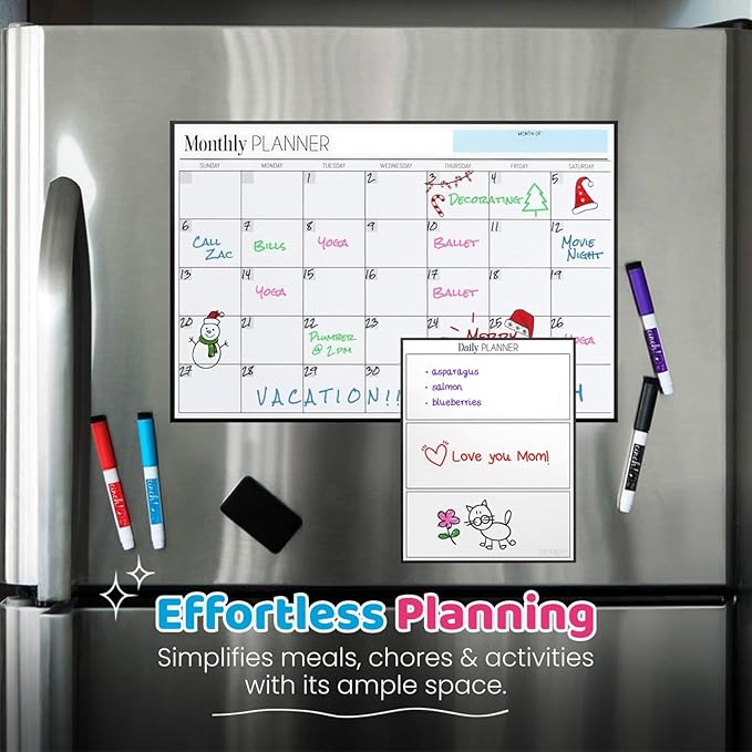 Cinch! Magnetic Calendar Bundle of 3 - Monthly, Weekly, Daily Planning Dry Erase Boards for Fridge - Magnetic Fridge Calendar Whiteboard Set with 6 Fine Tip Markers, Large Eraser, and Magnets
