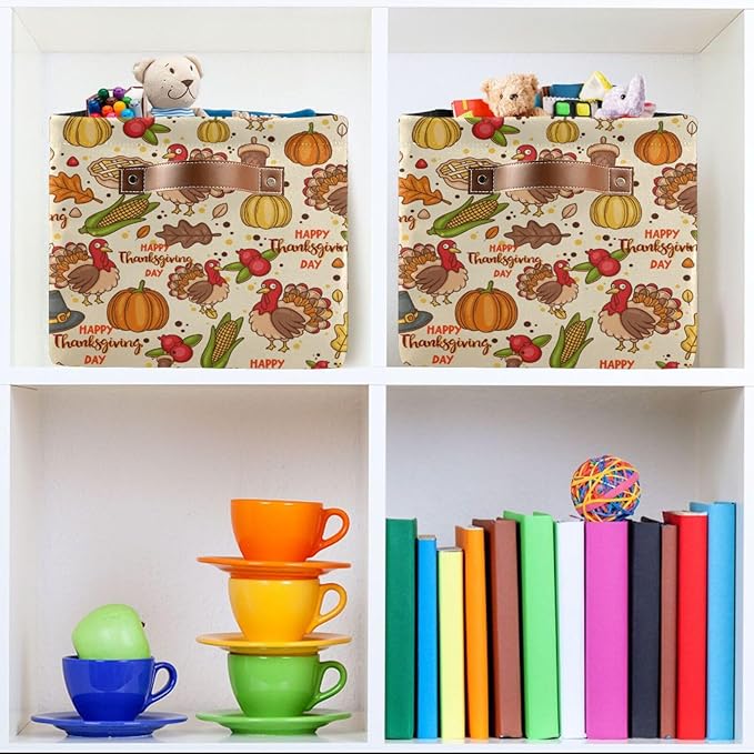 Storage Basket Thanksgiving Day Pumpkins Cube Storage Bins Organizer Bag Collapsible Closet Shelf Baskets with handle for Cloth Book 14.2×10.2×8.3 IN