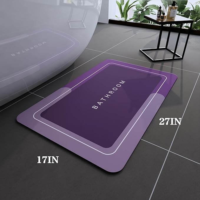 Bath Mat, Super Absorbent Non Slip Quick Dry Thin Rubber Mats for Bathroom Floor, Fit Under Door, Shower Rug for Bathtub, Shower, Purple