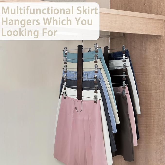 Skirt Hangers Space Saving,6 Tier Closet Organizers & Storage,Wooden Magic Hanger & Hanger with Clips,Pants-Hangers-Space-Saving for Hanging Pants Skirts Shorts Scarf Jeans（2 Piece）
