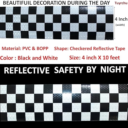 Black White Reflective Tape 4 inch X 10 feet, Outdoor Waterproof Hazard Conspicuity Warning Industrial Marking Tape