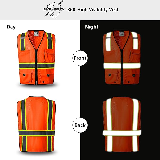 SKSAFETY 10 Pockets Professional Safety Vest, Class 2 High Visibility, Orange, 3XL