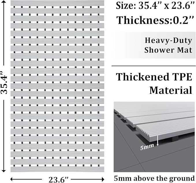Non Slip Large Shower Mat(35.4"*23.6"),Extra Large Shower Mats for Inside Shower, Non Slip Shower Mat for Elderly,Non Suction Cups Heavy Duty Bathtub Mat,Rubber