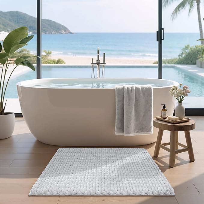 LUMI Luxury Bathroom Rug, Ultra Soft Quick Dry Bath Mat, Non-Slip Absorbent Thick Chenille Bath Rug, Cozy Braid Design Floor Mat for Bathtub, Sink, Laundry, Bedroom, White, 24"x36"