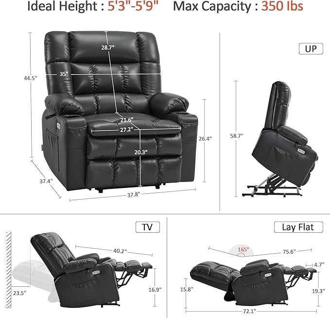 MCombo Dual Motor Power Lift Recliner Chair for Elderly, Lay Flat Lift Chair with Heat and Massage, Extra Wide Lift Recliner for Big People, Cup Holders, Faux Leather R7897 (Black, Medium-Wide)