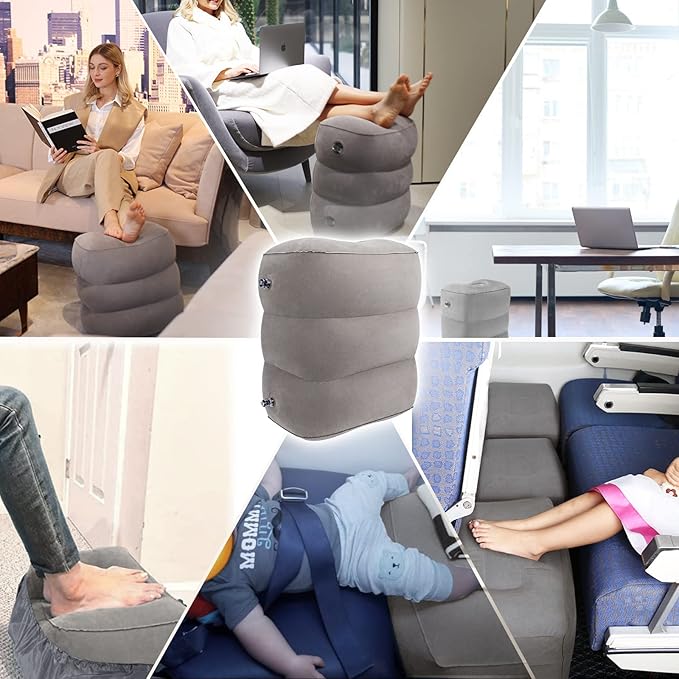 Inflatable Travel Foot Rest Pillow (2-Pack) Adjustable Height Leg Pillow Fast Inflating Airplane Bed for Toddlers Footrest Pillow for Office, Airplane, Train, Cars, Home (Grey)