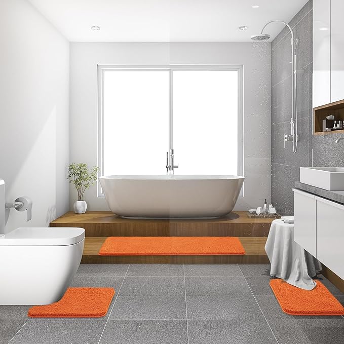 MIULEE Orange Microfiber Toilet Bath Mat U-Shaped Contour Shaggy Bathroom Rugs Non Slip Extra Thick Soft Bath Rug Absorbent Water for Bathroom Commode Machine Washable(24x24 Inch)