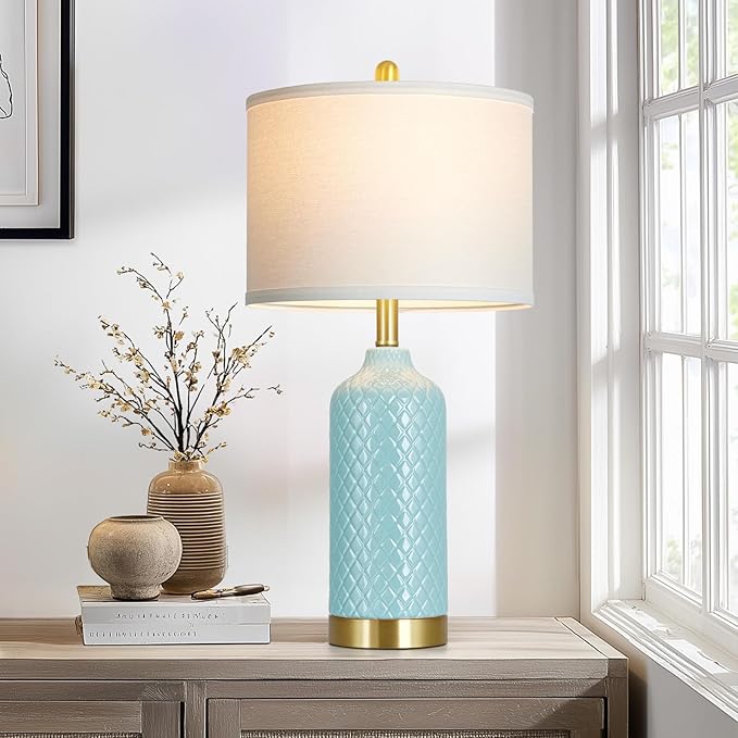 26“ Aqua Blue Ceramic Lamp Single, Coastal Table Lamps for Living Room End Table, Modern Bedside Lamp for Nightstand, Elegant Farmhouse Bedroom Lamps for Desk Side Home Decor(Bulb Included)