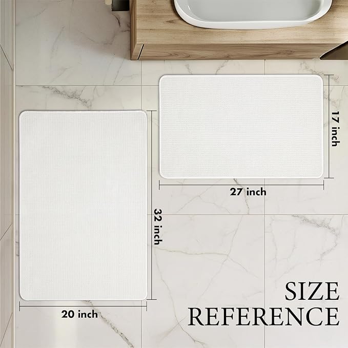 MIULEE Set of 2 Ultra Thin Bathroom Rugs, Rubber Bath Mats for Bathroom Non Slip, Quick Dry Absorbent Bath Rug Machine Washable, Fit Under Door, Shower, Sink, Home Decor, White, 17"x27"+20"x32"