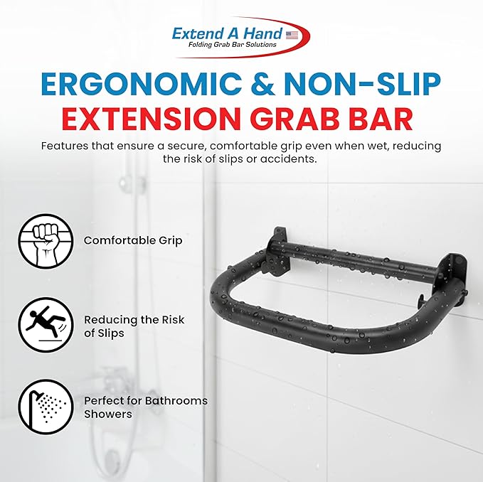 Extend-A-Hand Grab Bar Extension 16″ × 12″| Heavy-Duty Bathroom Safety Handrail, Non-Slip Black Support Grab Bar for Elderly, Disabled & Injury Recovery.