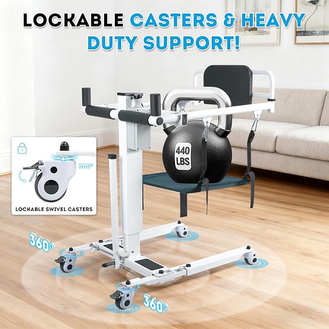 Drexo Patient Lift Transfer Chair, 5 in 1 Patient Lift Chair with 180°Split Seat, Height Adjustable Patient Transfer Chair with 4 Casters for Home Seniors Elderly, Load 450Lbs (Electric, Silver)