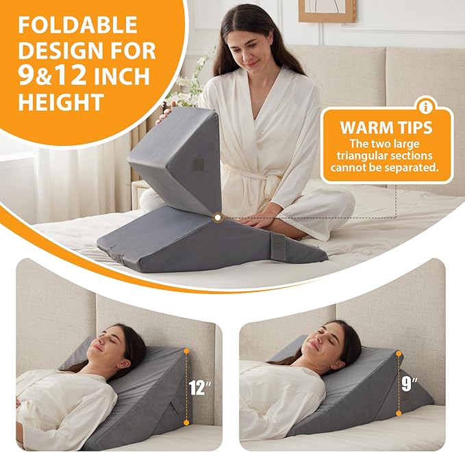 Bed Wedge Pillow for Sleeping, 9&12 Inch Adjustable Wedge Pillow Set for After Surgery, Triangle Pillow for Back Pain Relief, Leg Support, Acid Reflux, Gerd, Velvet