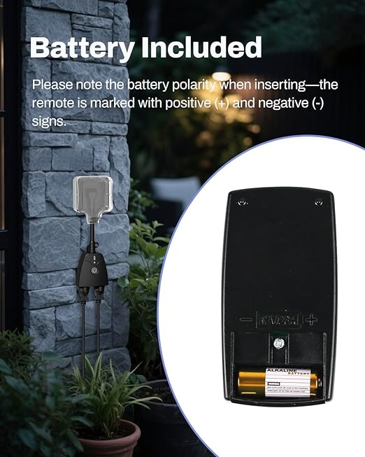HBN Outdoor Wireless Remote Control Outlet Plug,Weatherproof Heavy Duty Power Strip,Indoor Electrical Plugs for Light Switch,6-inch Cord,100ft Range, ETL Listed(15A,Dual 3-Prong Outlets)