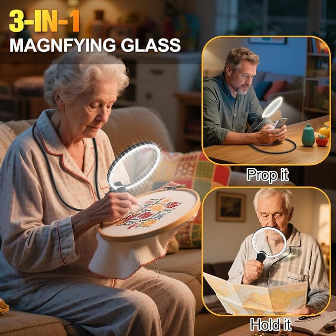 Hands Free Magnifying Glass with Light for Close Work, 5.5 Inch 5X Lighted Magnifying Glass, Neck Wear Magnifier for Reading Books, Sewing, Cross Stitch, Low Vision Seniors with Aging Eyes