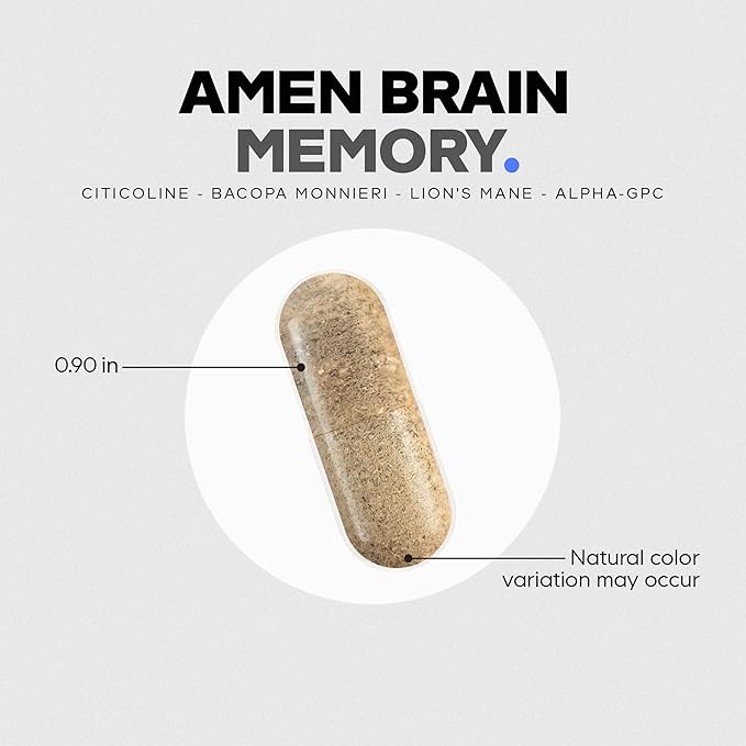 Amen Brain Memory Supplement- Bacopa, Lion’s Mane, Alpha-GPC, Citicoline, Phosphatidylserine, Rhodiola, Ginkgo, BioPerine, Huperzine A - NSF Certified Cognition & Mind Vitamins, Non-GMO - 60 Capsules