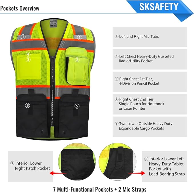 SKSAFETY Professional Safety Vest - Class 2 High Visibility with Reflective Strips, ANSI/ISEA Standard - Lime Black, XL