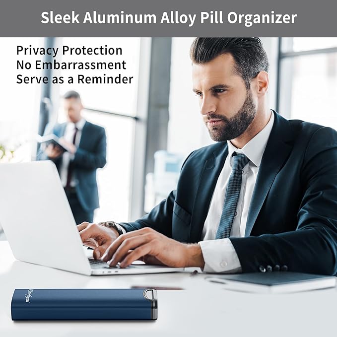 Metal Weekly Pill Organizer, Serfeymi Aluminum Daily Pill Box(Spare Gasket Provided),7 Day Pill Case Travel Medicine Organizer,Pill Containers with Individual Lid for Vitamins,Pills, Supplement-BL+BK