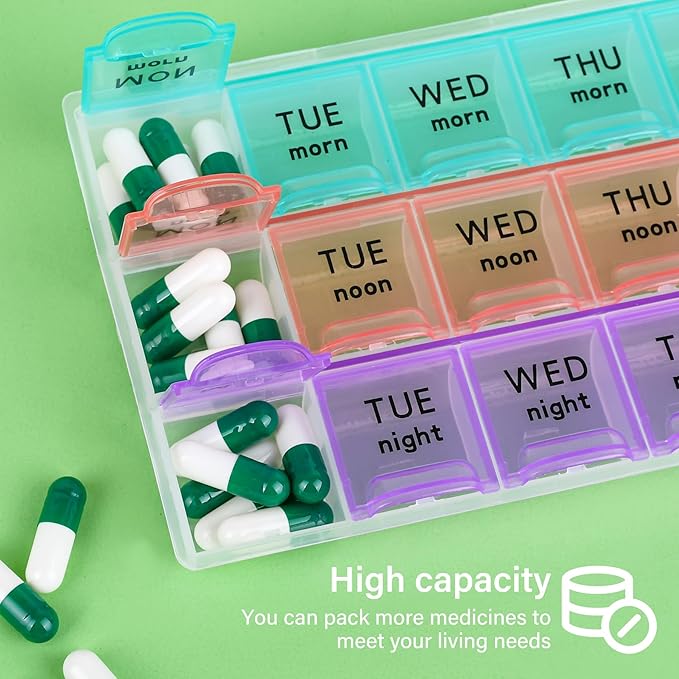 Large Weekly Pill Organizer 3 Times A Day,Travel Pill Cases ，Moisture-Proof 7 Day Pill Contaner,Medicine Pill Organizer, Portable for Pills Vitamin Fish Oil Supplements