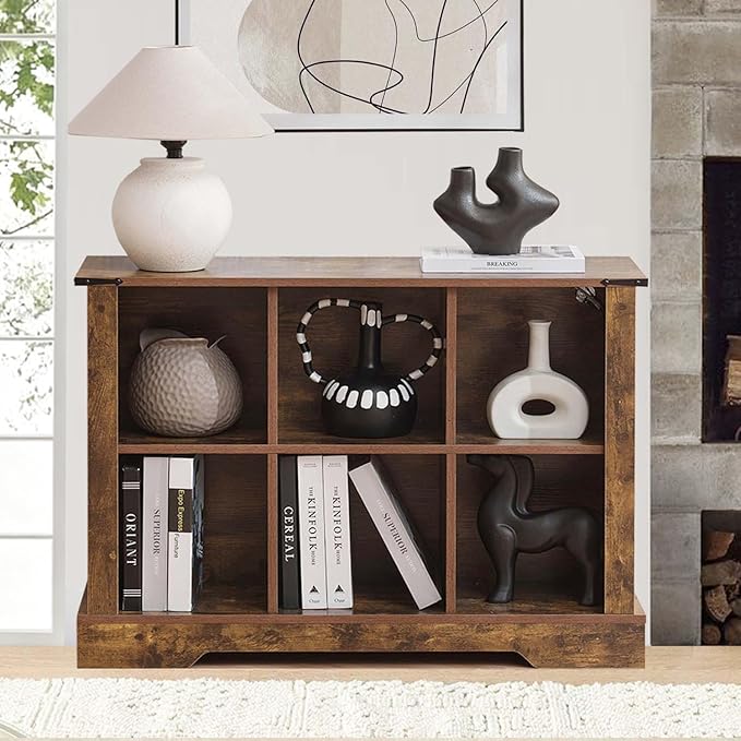 6 Cube Bookcase, Wooden Cube Storage Organizer Shelf, Brown Horizontal Book Shelf with LED Lights, Freestanding Display Cabinet for Living Room, Bedroom, Home Office