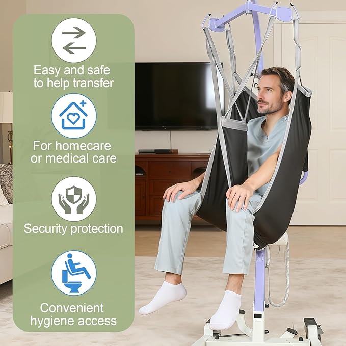 Patient Lift Divided Leg Sling – Heavy Duty 500 lbs Capacity, Easy Hygiene Access with Handles & Pocket, Machine Washable – Small/Medium/Large for Elderly, Disabled & Bariatric Care (Black, L)