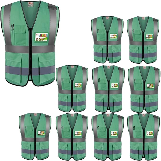 zojo High Visibility Safety Vests With Pockets, Wholesale Reflective Vest for Outdoor Works, Cycling, Jogging, Walking,Sports - Fits for Men and Women Pack of 10 (10, XXXL-Green)