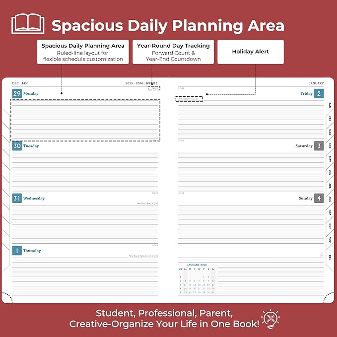Planner 2026 Daily Weekly and Monthly,11.5"x8.5",12 Months Spiral Bound Calendar Agenda with Self-adhesive Pen Holder,2026 Appointment Book with Vegan Leather Soft Cover,Red