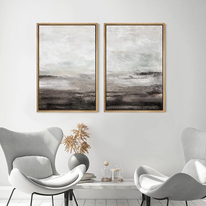 MUDECOR Framed Wall Art Print Set Brown and Gray Grunge Paint Stroke Landscape Abstract Shapes Illustrations Modern Minimalist Chic Relax/Calm for Living Room, Bedroom, Office - 16"x24"x2 Natural